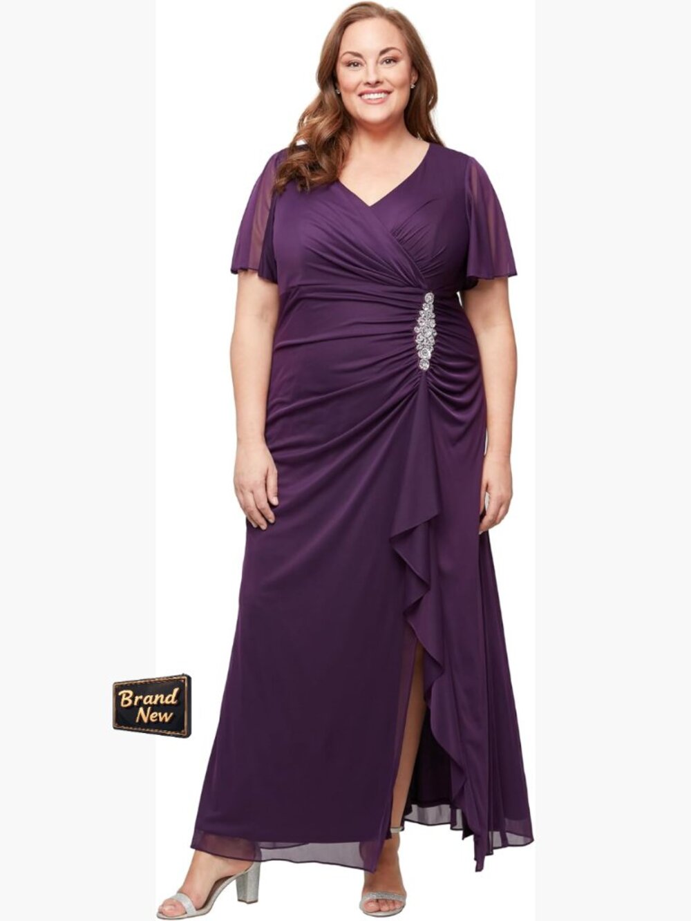 Mother of the Bride Long Surplice Flutter Sleeve Plus Dress